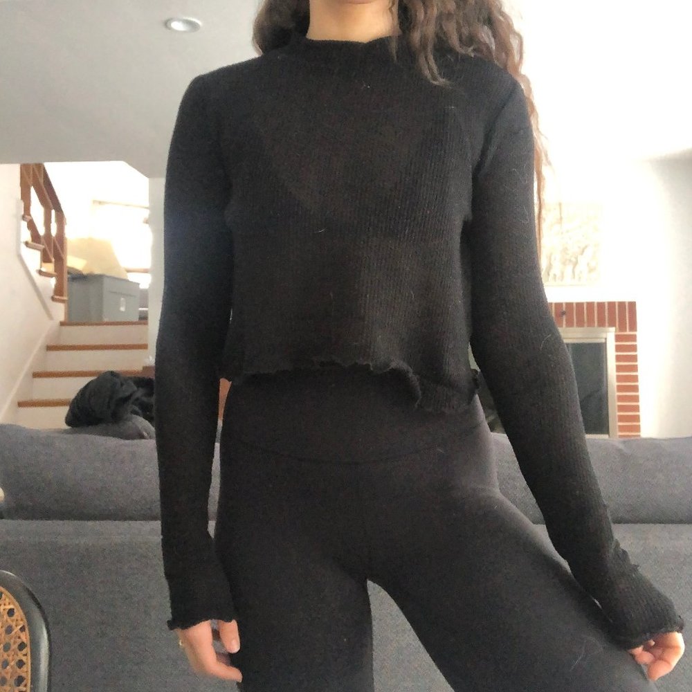 Lettuce Trim Mock-Neck Black Top